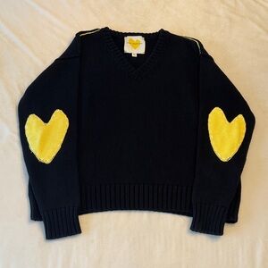 EUC! Kerri Rosenthal Black V-Neck Sweater w/ Yellow Heart Elbow Patches, sz XS